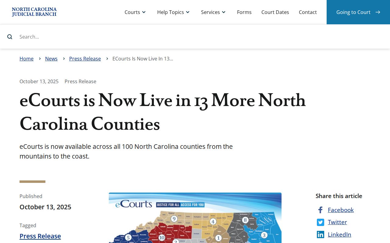 Chowan County court calendar eCourts statewide deployment announcement