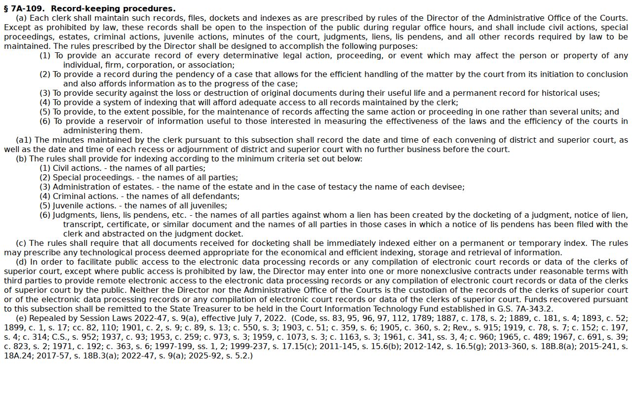 Chowan court records statute on clerk files dockets indexes and judgments